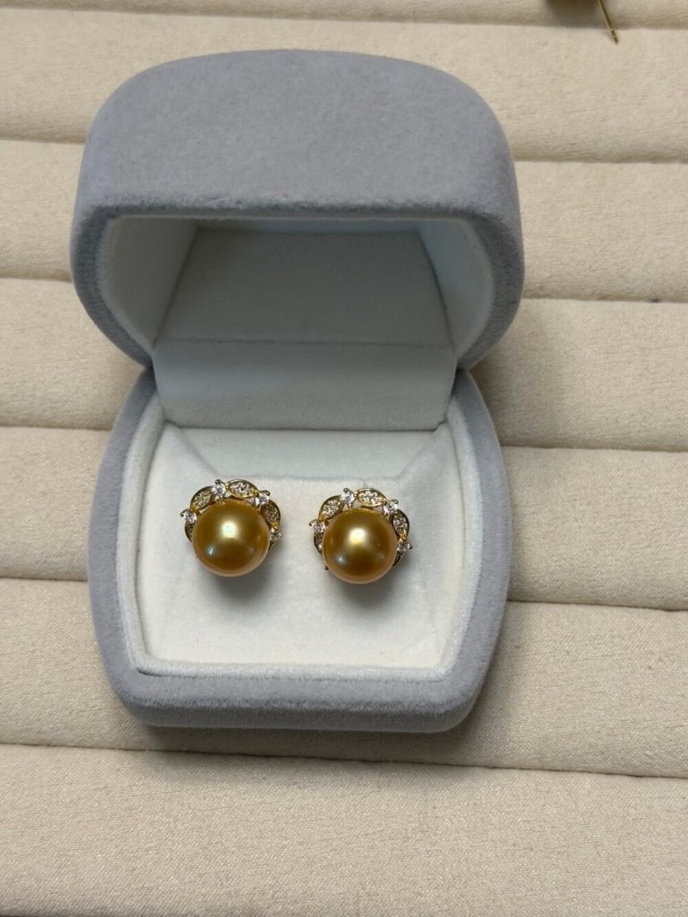 11.5mm Deep Golden South Sea Pearl Stud Earrings, Tea Gold Pearl Crown,